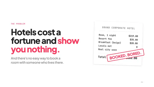 Airbnb deck, slide 2: Hotels cost a fortune and show you nothing.