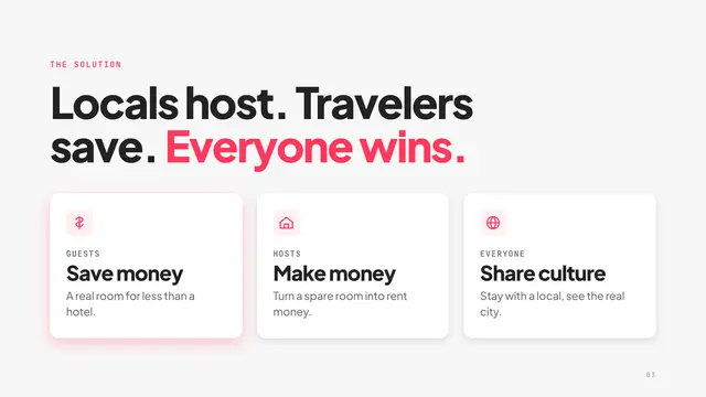 Airbnb deck, slide 3: Locals host. Travelers save. Everyone wins.
