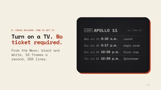 Apollo 11 deck, slide 6: Turn on a TV. No ticket required.