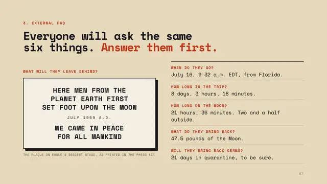 Apollo 11 deck, slide 7: Everyone will ask the same six things. Answer them first.