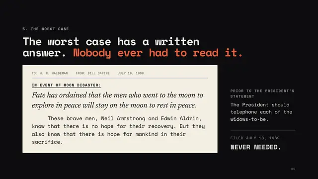Apollo 11 deck, slide 9: The worst case has a written answer. Nobody ever had to read it.