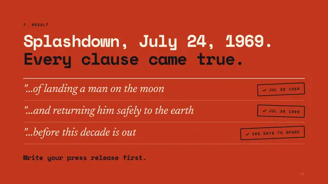 Apollo 11 deck, slide 11: Splashdown, July 24, 1969. Every clause came true.