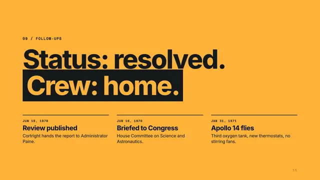 Apollo 13 deck, slide 11: Status: resolved. Crew: home.