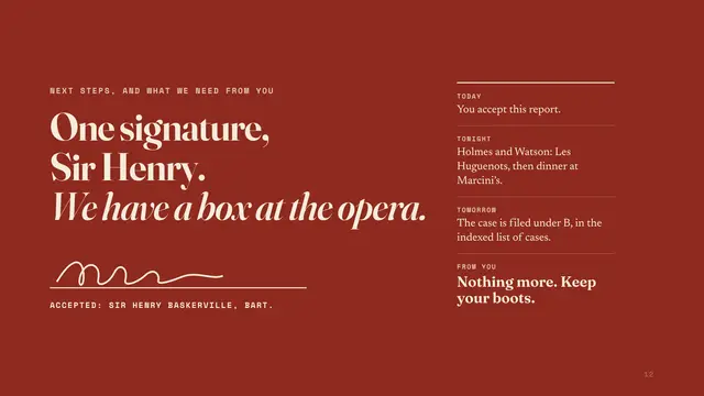 Sherlock Holmes deck, slide 12: One signature, Sir Henry. We have a box at the opera.