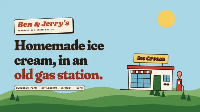 Ben & Jerry's deck, slide 1: Homemade ice cream, in an old gas station.