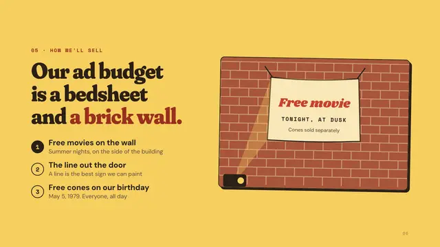 Ben & Jerry's deck, slide 6: Our ad budget is a bedsheet and a brick wall.