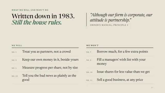 Berkshire Hathaway deck, slide 7: Written down in 1983. Still the house rules.