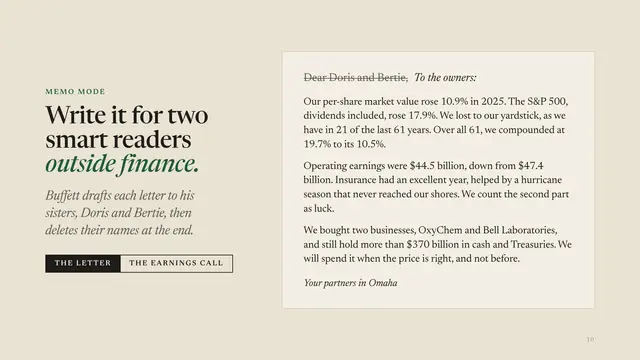 Berkshire Hathaway deck, slide 10: Write it for two smart readers outside finance.