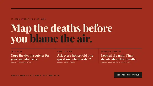 John Snow deck, slide 12: Map the deaths before you blame the air.