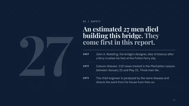 Emily Warren Roebling deck, slide 3: An estimated 27 men died building this bridge. They come first in this report.