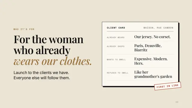 Chanel No. 5 deck, slide 3: For the woman who already wears our clothes.
