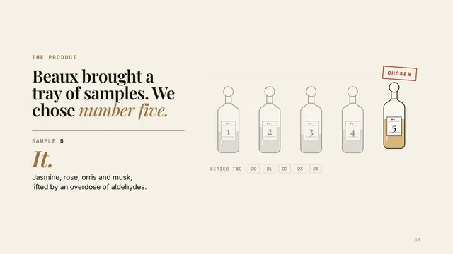 Chanel No. 5 deck, slide 4: Beaux brought a tray of samples. We chose number five.