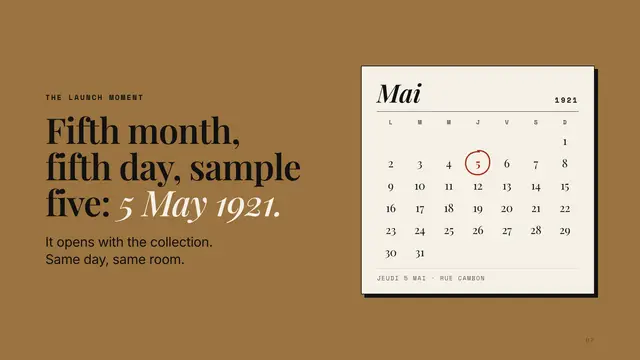 Chanel No. 5 deck, slide 7: Fifth month, fifth day, sample five: 5 May 1921.