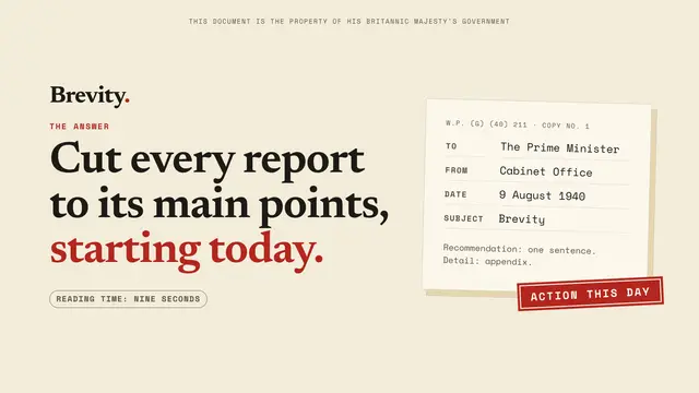 Winston Churchill deck, slide 1: Cut every report to its main points, starting today.