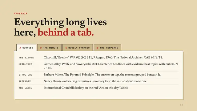 Winston Churchill deck, slide 10: Everything long lives here, behind a tab.