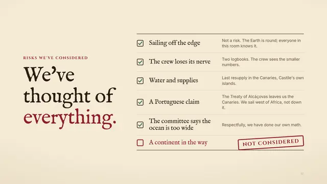 Christopher Columbus deck, slide 11: We've thought of everything.