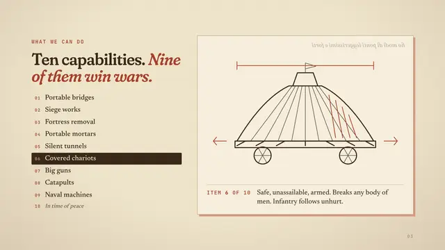 Leonardo da Vinci deck, slide 3: Ten capabilities. Nine of them win wars.