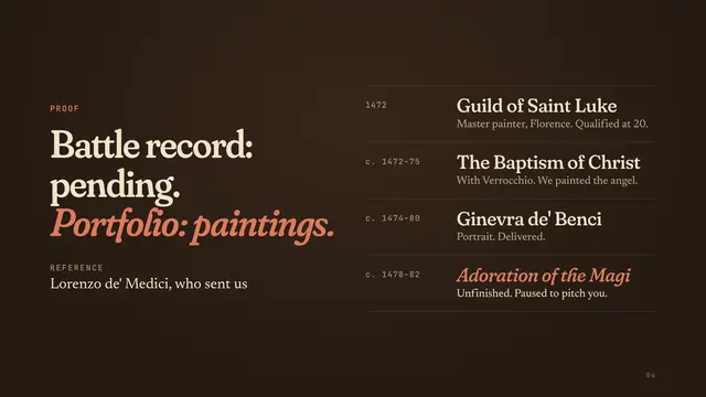 Leonardo da Vinci deck, slide 4: Battle record: pending. Portfolio: paintings.