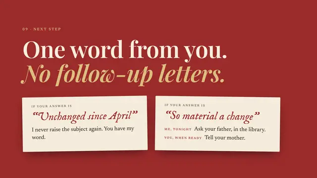 Mr. Darcy deck, slide 10: One word from you. No follow-up letters.
