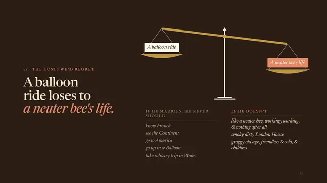 Charles Darwin deck, slide 7: A balloon ride loses to a neuter bee's life.
