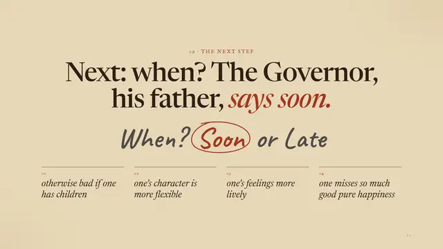 Charles Darwin deck, slide 10: Next: when? The Governor, his father, says soon.