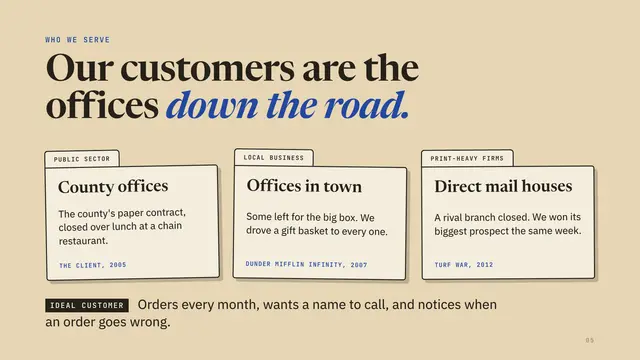 Dunder Mifflin deck, slide 5: Our customers are the offices down the road.