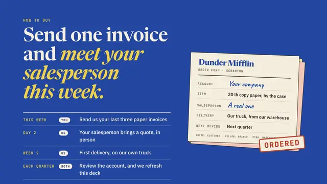 Dunder Mifflin deck, slide 10: Send one invoice and meet your salesperson this week.