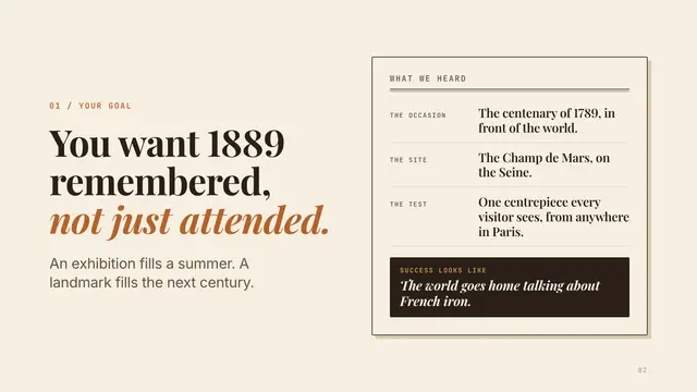 Gustave Eiffel deck, slide 2: You want 1889 remembered, not just attended.