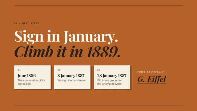 Gustave Eiffel deck, slide 11: Sign in January. Climb it in 1889.