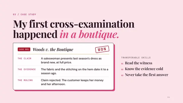 Elle Woods deck, slide 4: My first cross-examination happened in a boutique.