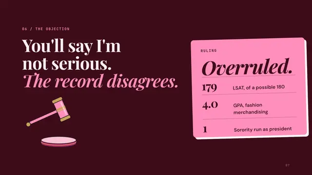Elle Woods deck, slide 7: You'll say I'm not serious. The record disagrees.