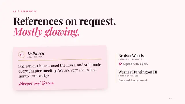 Elle Woods deck, slide 8: References on request. Mostly glowing.