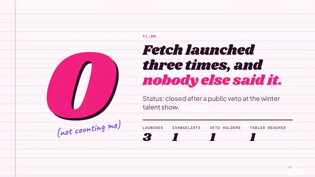 Mean Girls deck, slide 2: Fetch launched three times, and nobody else said it.