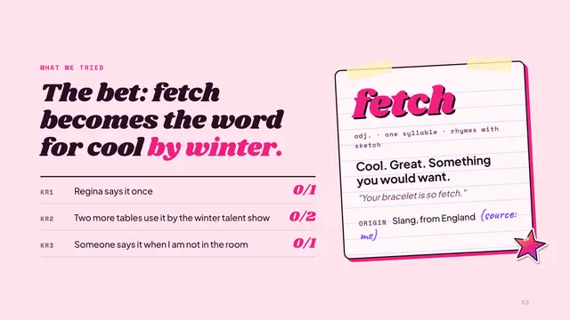 Mean Girls deck, slide 3: The bet: fetch becomes the word for cool by winter.
