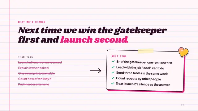 Mean Girls deck, slide 9: Next time we win the gatekeeper first and launch second.