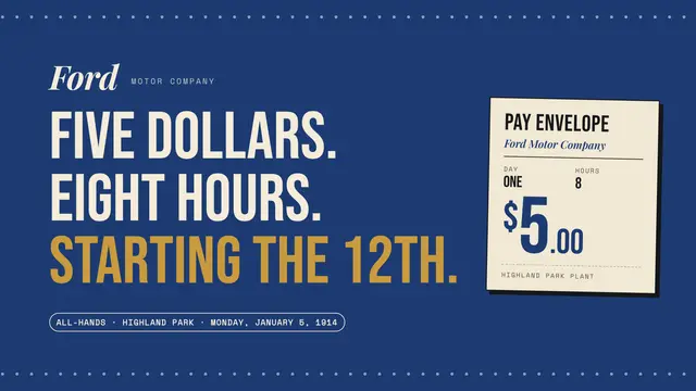 Ford Motor Company deck, slide 1: Five dollars. Eight hours. Starting the 12th.