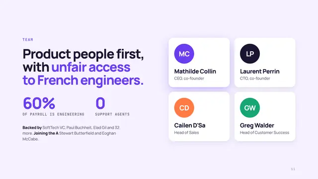 Front deck, slide 11: Product people first, with unfair access to French engineers.