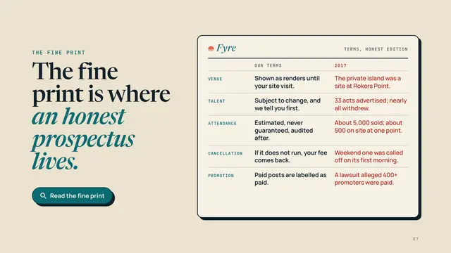 Fyre Festival deck, slide 7: The fine print is where an honest prospectus lives.