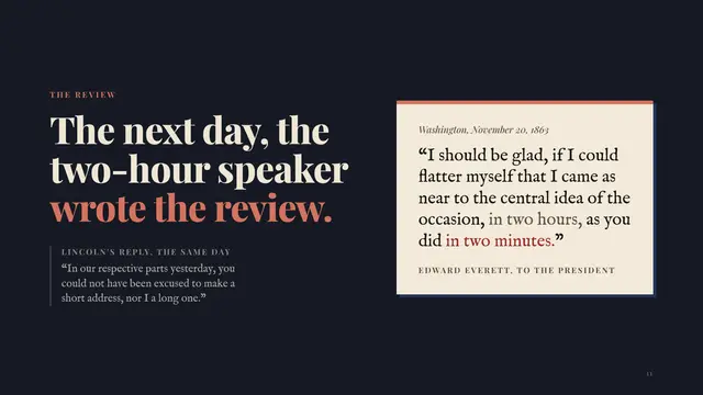 Abraham Lincoln deck, slide 11: The next day, the two-hour speaker wrote the review.