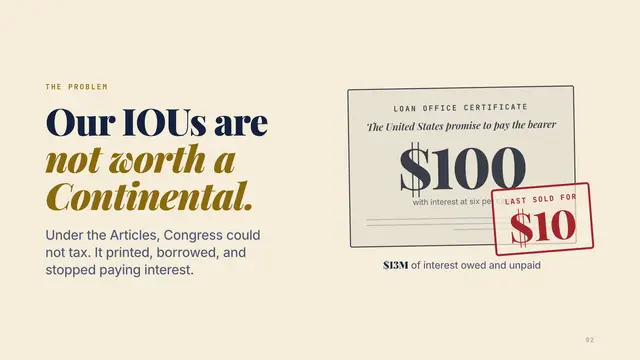 Alexander Hamilton deck, slide 2: Our IOUs are not worth a Continental.