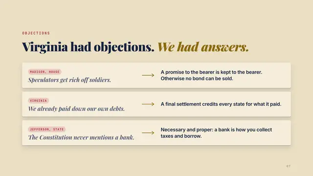 Alexander Hamilton deck, slide 7: Virginia had objections. We had answers.