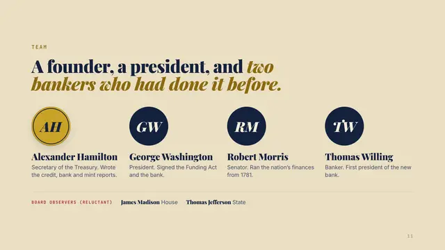 Alexander Hamilton deck, slide 11: A founder, a president, and two bankers who had done it before.