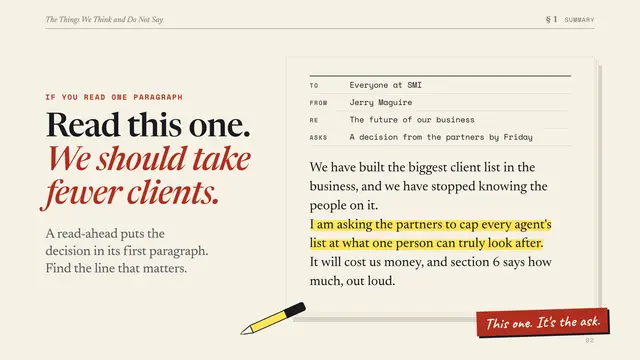 Sports Management International deck, slide 2: Read this one. We should take fewer clients.