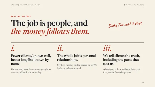 Sports Management International deck, slide 4: The job is people, and the money follows them.