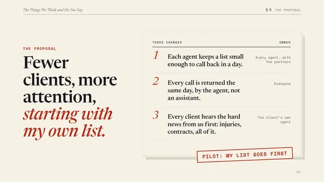 Sports Management International deck, slide 5: Fewer clients, more attention, starting with my own list.