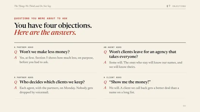 Sports Management International deck, slide 8: You have four objections. Here are the answers.