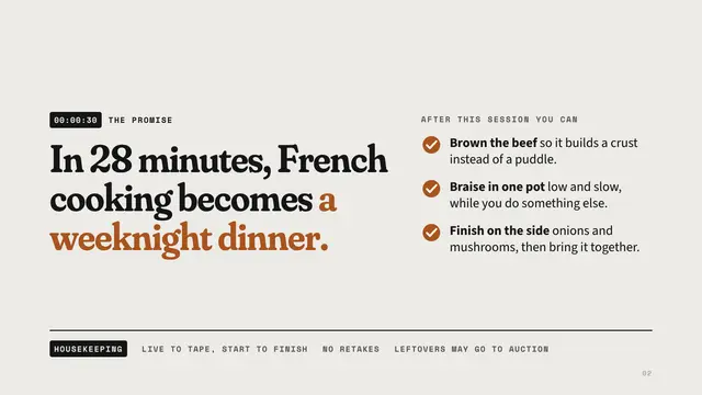 Julia Child deck, slide 2: In 28 minutes, French cooking becomes a weeknight dinner.