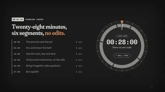 Julia Child deck, slide 4: Twenty-eight minutes, six segments, no edits.