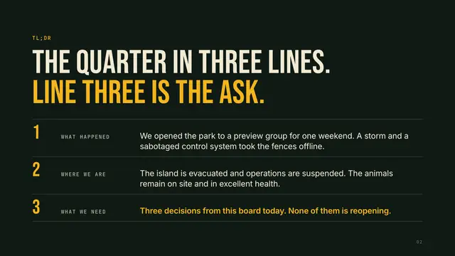 Jurassic Park deck, slide 2: The quarter in three lines. Line three is the ask.