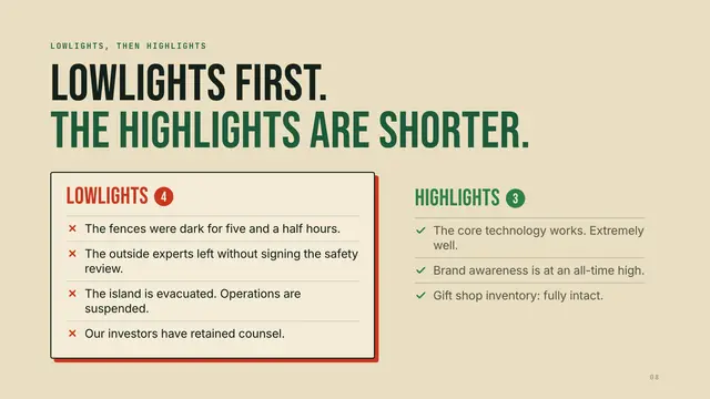 Jurassic Park deck, slide 8: Lowlights first. The highlights are shorter.